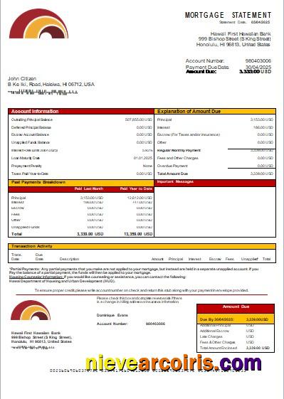 Hawaii First Hawaiian Bank mortgage statement